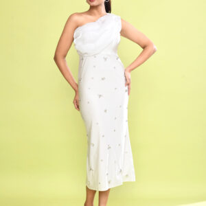 White One Shoulder Embellished Midi Dress for Women | Elegant Party Evening Dress