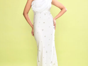 White One Shoulder Embellished Midi Dress for Women | Elegant Party Evening Dress