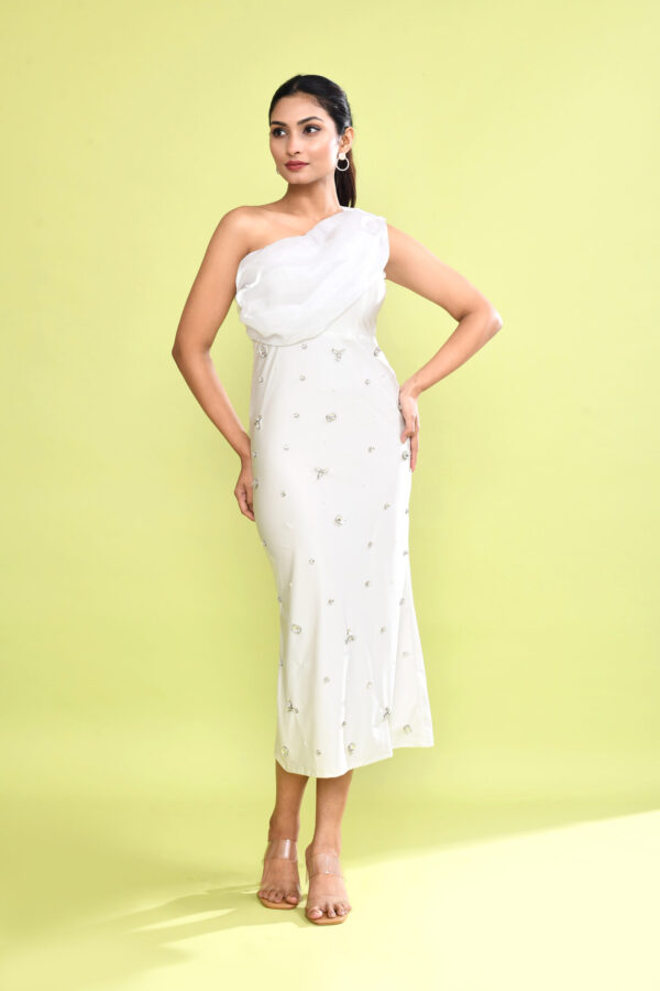 White One Shoulder Embellished Midi Dress for Women | Elegant Party Evening Dress