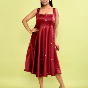 Red Satin Embellished A-Line Midi Dress for Women | Elegant Sleeveless Party Dress