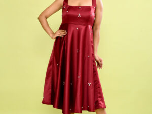Red Satin Embellished A-Line Midi Dress for Women | Elegant Sleeveless Party Dress