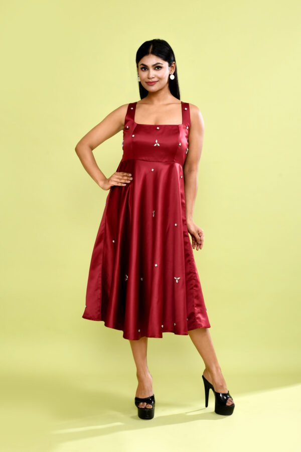 Red Satin Embellished A-Line Midi Dress for Women | Elegant Sleeveless Party Dress