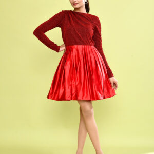 Red Glitter Top Satin Flared Mini Dress for Women | Elegant Long Sleeve Party Dress