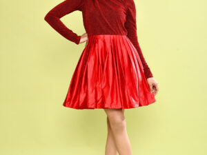 Red Glitter Top Satin Flared Mini Dress for Women | Elegant Long Sleeve Party Dress