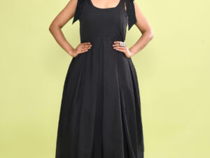 Black Tie Shoulder A-Line Midi Dress for Women | Elegant Sleeveless Flared Party Dress