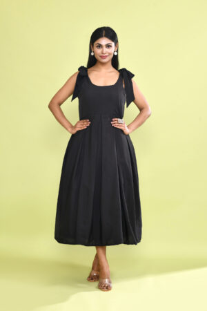 Black Tie Shoulder A-Line Midi Dress for Women | Elegant Sleeveless Flared Party Dress