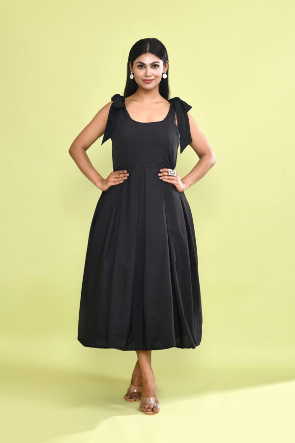Black Tie Shoulder A-Line Midi Dress for Women | Elegant Sleeveless Flared Party Dress