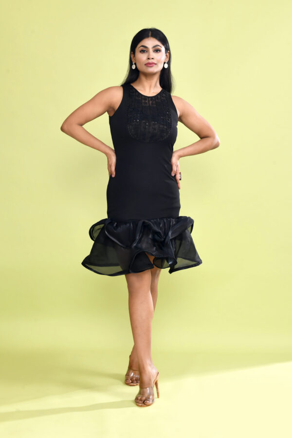 Black Lace Neck Ruffle Hem Mini Dress for Women | Elegant Sleeveless Party Dress