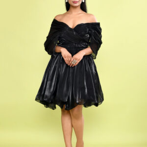 Black Off Shoulder Organza Flared Mini Dress for Women | Elegant Party Cocktail Dress