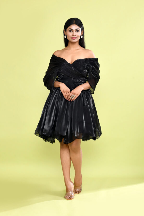 Black Off Shoulder Organza Flared Mini Dress for Women | Elegant Party Cocktail Dress
