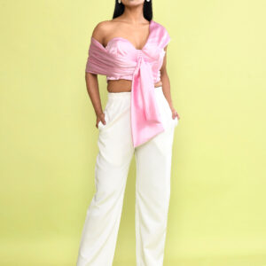 Pink Satin Off Shoulder Crop Top with White Wide Leg Pants Set for Women