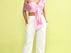 Pink Satin Off Shoulder Crop Top with White Wide Leg Pants Set for Women