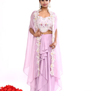 Lavender Embroidered Crop Top Palazzo Set with Cape for Women | Designer Ethnic Party Wear Set