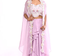 Lavender Embroidered Crop Top Palazzo Set with Cape for Women | Designer Ethnic Party Wear Set