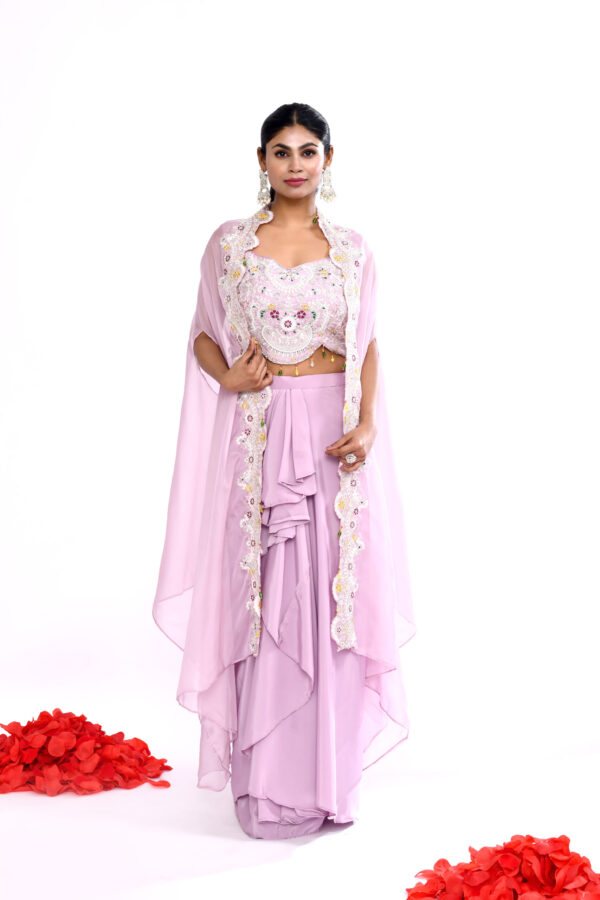 Lavender Embroidered Crop Top Palazzo Set with Cape for Women | Designer Ethnic Party Wear Set