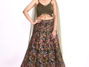 Bottle Green Embroidered Lehenga Choli with Net Dupatta for Women | Designer Wedding Lehenga Set