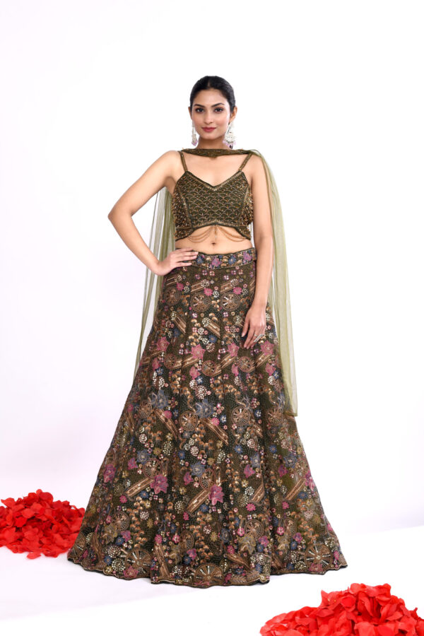 Bottle Green Embroidered Lehenga Choli with Net Dupatta for Women | Designer Wedding Lehenga Set