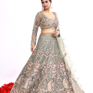 Pista Colour Peacock Theme Multi thread, Zardozi Embroidery Lehenga Choli Set & Scalloped Dupatt