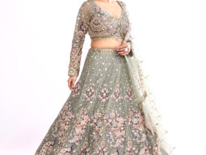 Pista Colour Peacock Theme Multi thread, Zardozi Embroidery Lehenga Choli Set & Scalloped Dupatt
