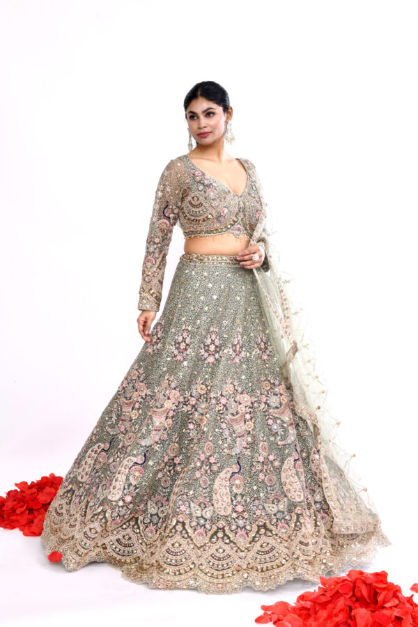 Pista Colour Peacock Theme Multi thread, Zardozi Embroidery Lehenga Choli Set & Scalloped Dupatt