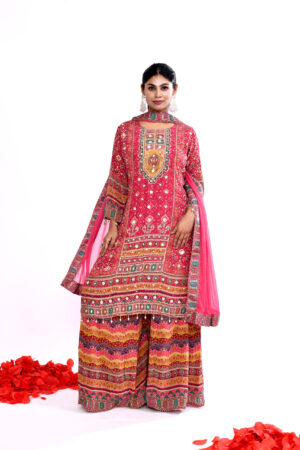 Red Printed Kurta Palazzo Set with Dupatta for Women | Ethnic Festive Straight Kurta Set
