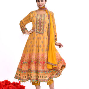 Mustard Printed Anarkali Suit Set with Dupatta