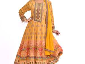 Mustard Printed Anarkali Suit Set with Dupatta