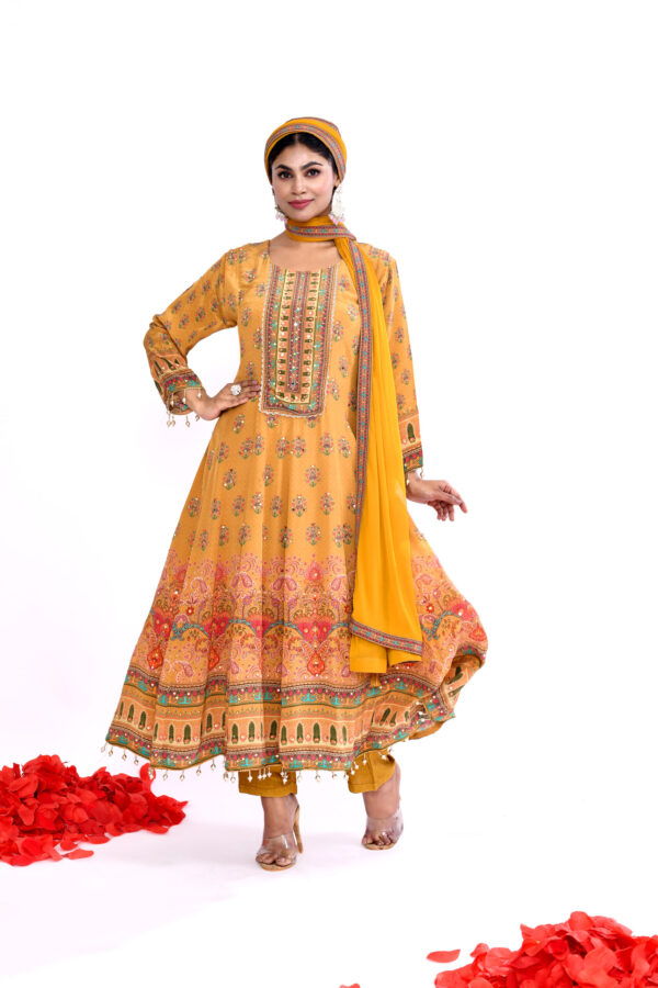 Mustard Printed Anarkali Suit Set with Dupatta