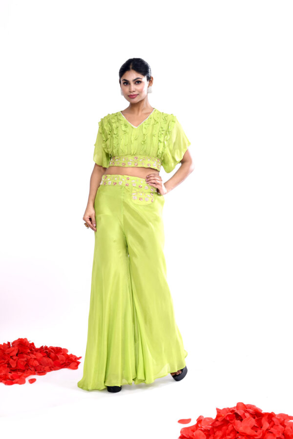 Lime Green Embroidered Co-ord Set (Crop Top And Palazzo)