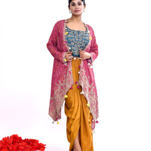 Mustard Draped Dhoti Skirt, Teal Embroidered Crop Top & Pink Bandhani Printed Jacket