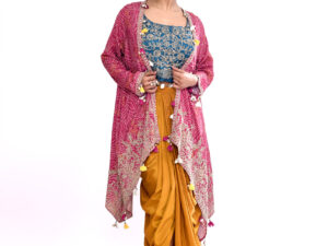 Mustard Draped Dhoti Skirt, Teal Embroidered Crop Top & Pink Bandhani Printed Jacket