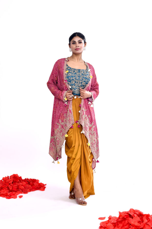 Mustard Draped Dhoti Skirt, Teal Embroidered Crop Top & Pink Bandhani Printed Jacket