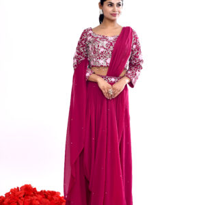Fuchsia Pink Embroidered Crop Top & Draped Skirt Set with Dupatta