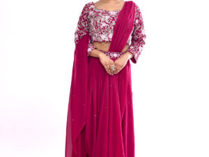 Fuchsia Pink Embroidered Crop Top & Draped Skirt Set with Dupatta