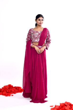 Fuchsia Pink Embroidered Crop Top & Draped Skirt Set with Dupatta