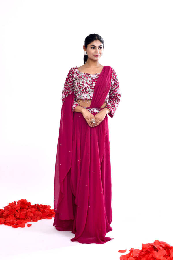 Fuchsia Pink Embroidered Crop Top & Draped Skirt Set with Dupatta