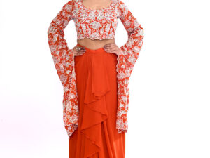 Orange Indo-western Long Sleeves Crop Top Draped Skirt Set