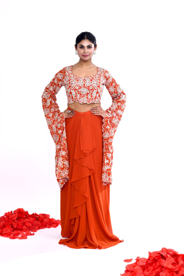 Orange Indo-western Long Sleeves Crop Top Draped Skirt Set
