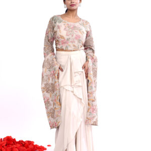 Beige Indo-western Long Sleeves Crop Top Draped Skirt Set
