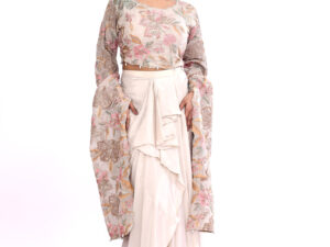Beige Indo-western Long Sleeves Crop Top Draped Skirt Set