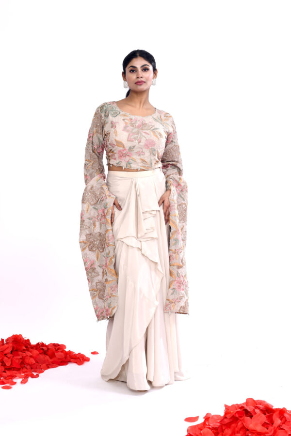 Beige Indo-western Long Sleeves Crop Top Draped Skirt Set
