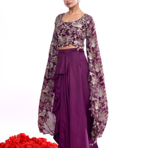 Wine Indo-western Long Sleeves Crop Top Draped Skirt Set