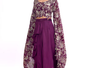 Wine Indo-western Long Sleeves Crop Top Draped Skirt Set