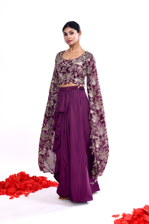 Wine Indo-western Long Sleeves Crop Top Draped Skirt Set