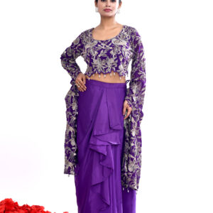Purple Indo-western Long Sleeves Crop Top Draped Skirt Set