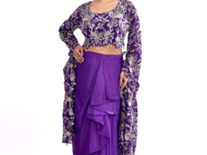 Purple Indo-western Long Sleeves Crop Top Draped Skirt Set