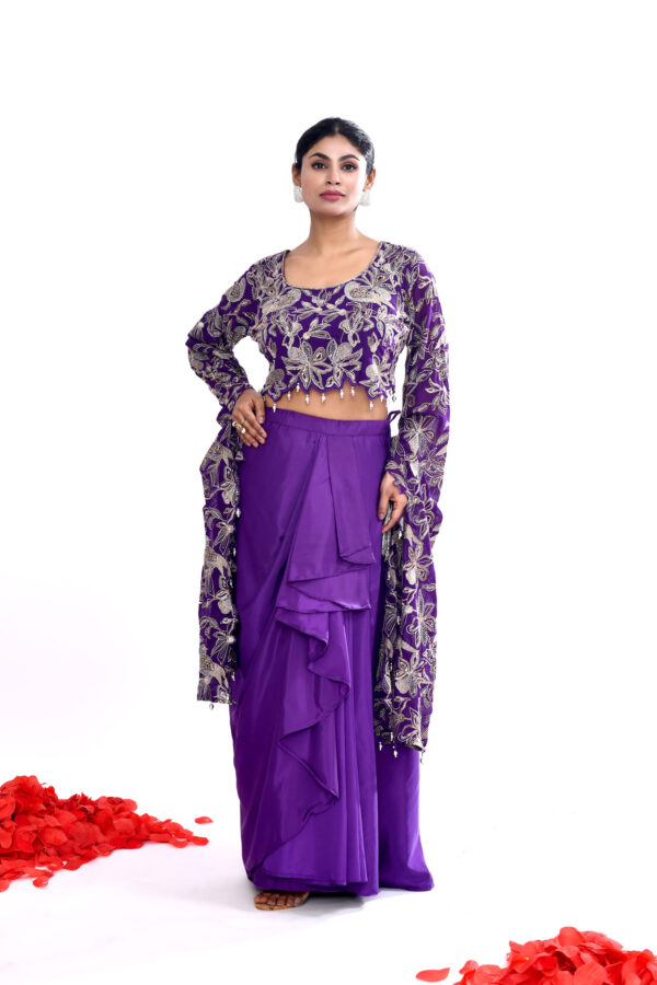 Purple Indo-western Long Sleeves Crop Top Draped Skirt Set