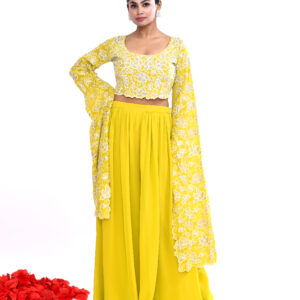 Lime Indo-western Long Sleeves Crop Top Draped Skirt Set