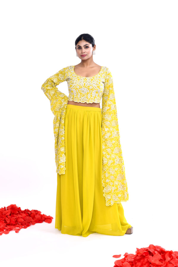 Lime Indo-western Long Sleeves Crop Top Draped Skirt Set