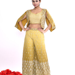 Mustard Yellow Embroidered Crop Top & Palazzo Set with Jacket